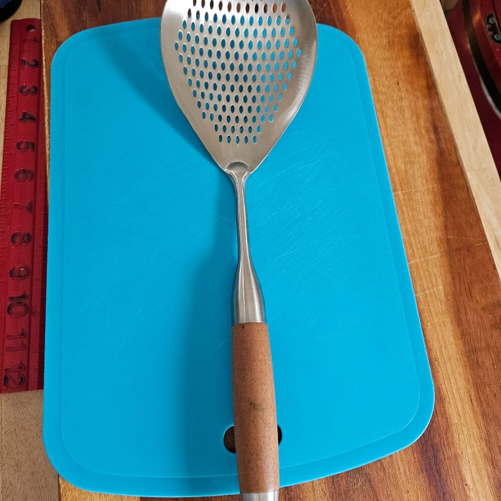 stainless steel skimmer slotted spoon with wooden handle